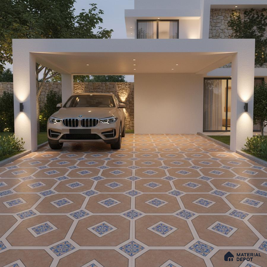 Modern parking with terracotta geometric patterned floor tiles and Mediterranean accents