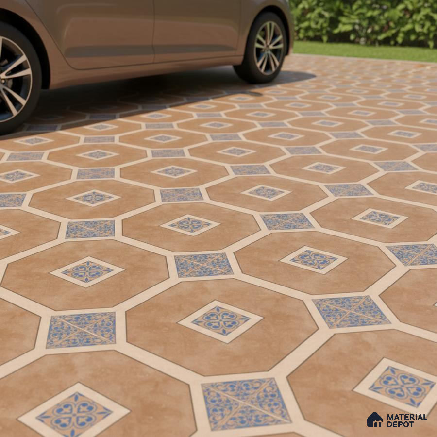 Mediterranean parking area with terracotta geometric tiles and blue patterned inserts