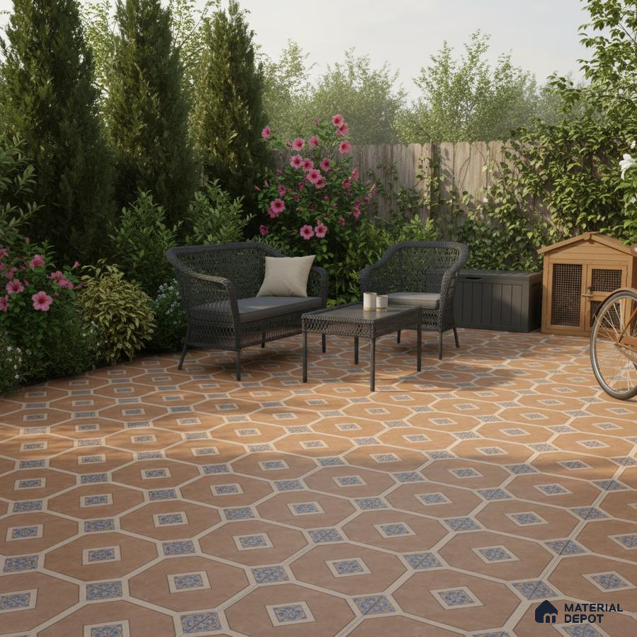 Mediterranean outdoor patio with terracotta geometric floor tiles and patterned inserts
