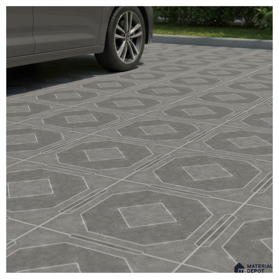 Modern parking with grey geometric patterned anti-skid floor tiles