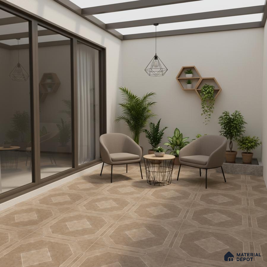 Modern balcony with beige geometric floor tiles and minimalist decor