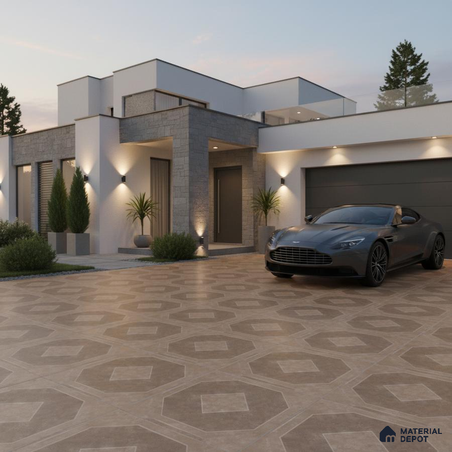 Modern parking with geometric patterned outdoor floor tiles and stone cladding facade