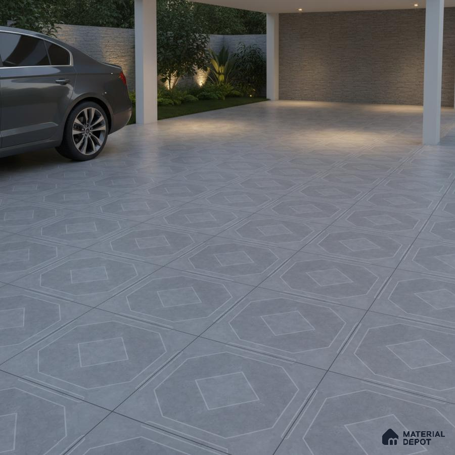 Modern parking with grey geometric patterned floor tiles and stone cladding wall
