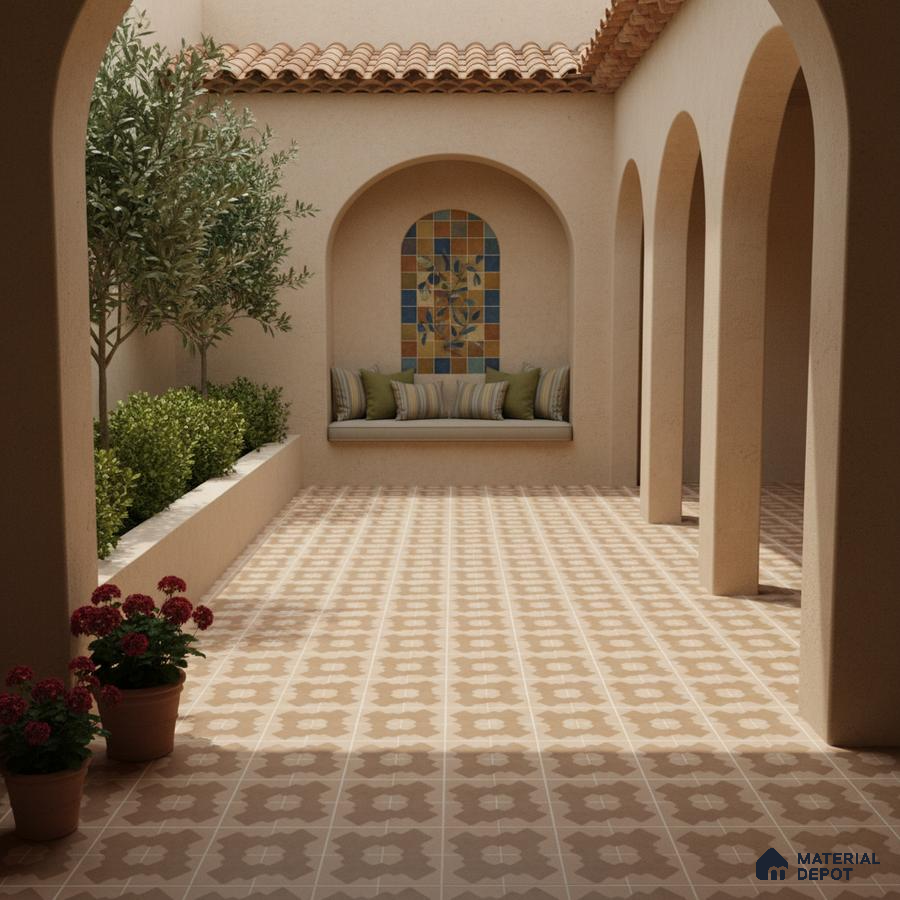 Mediterranean outdoor courtyard with terracotta patterned floor tiles and mosaic accent wall