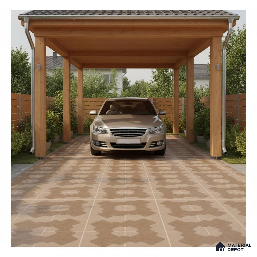 Modern parking with patterned brown floor tiles and natural wood structure