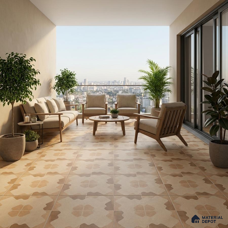 Scandinavian balcony with beige patterned floor tiles and natural wood outdoor furniture