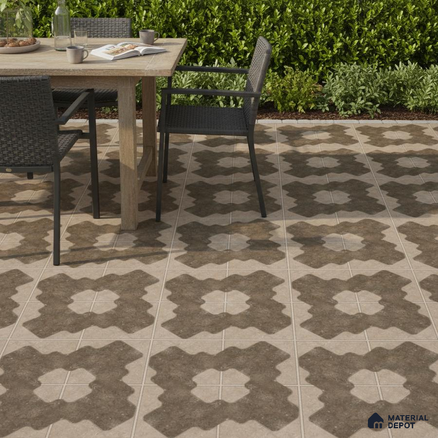 Modern outdoor dining with geometric patterned brown and beige floor tiles