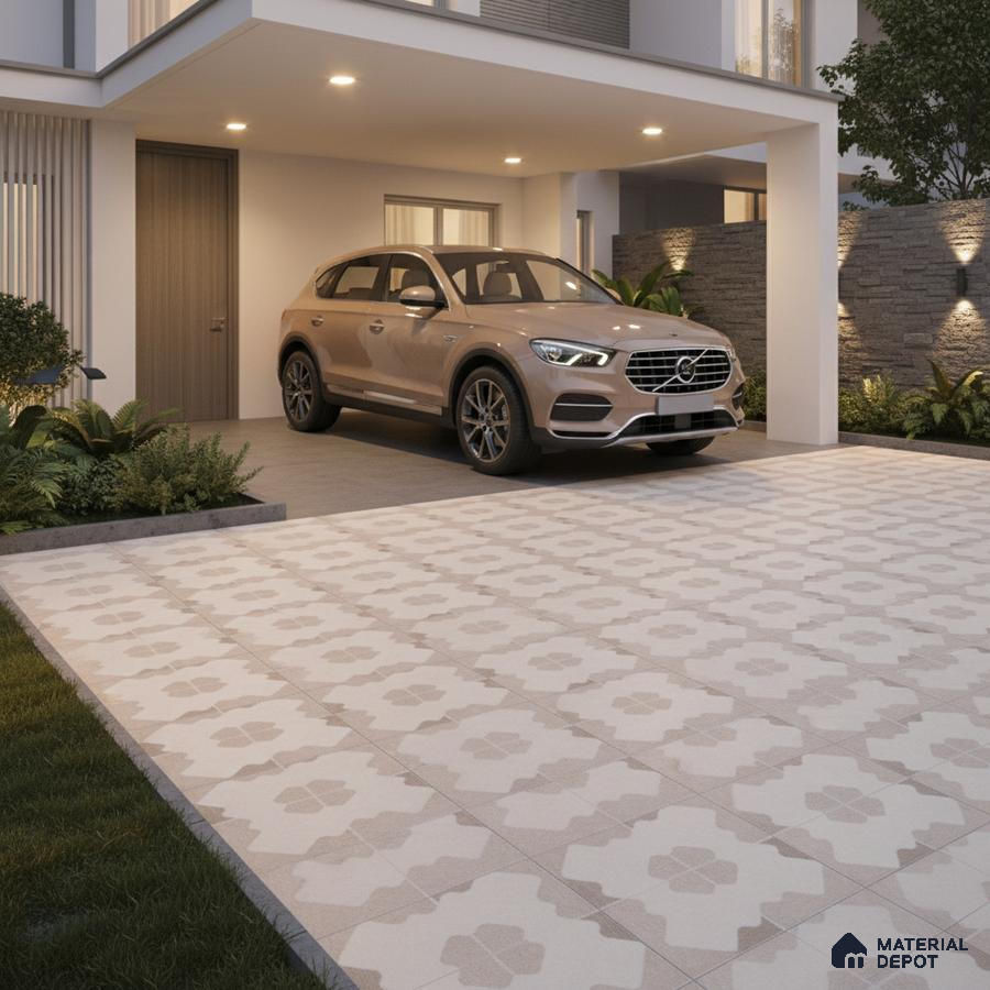 Modern parking with beige patterned outdoor floor tiles and stone cladding accent wall