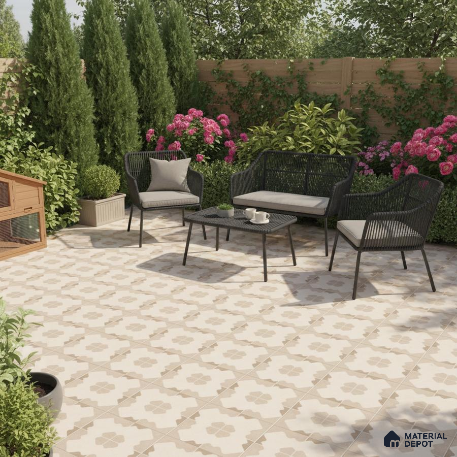 Modern outdoor patio with beige and white geometric patterned floor tiles