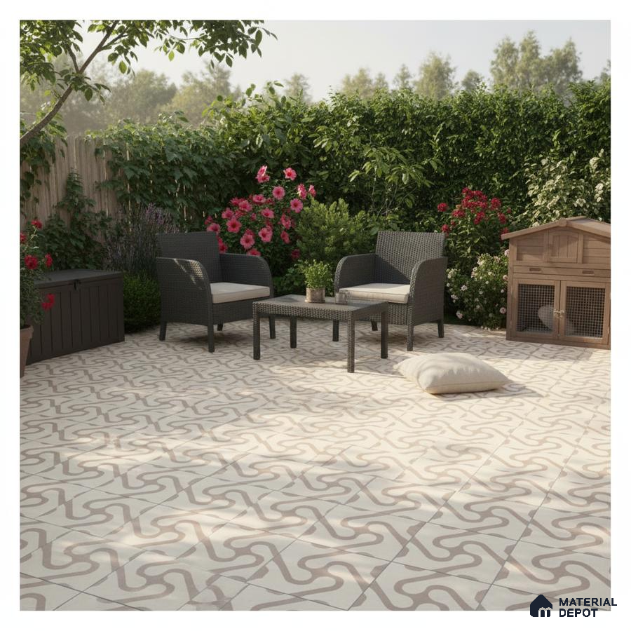 Modern outdoor patio with beige geometric patterned floor tiles and rattan furniture