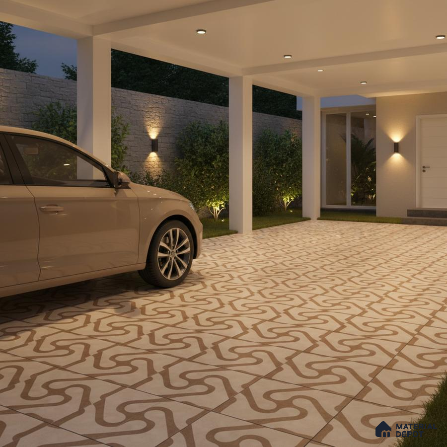 Modern parking with beige and white geometric patterned floor tiles