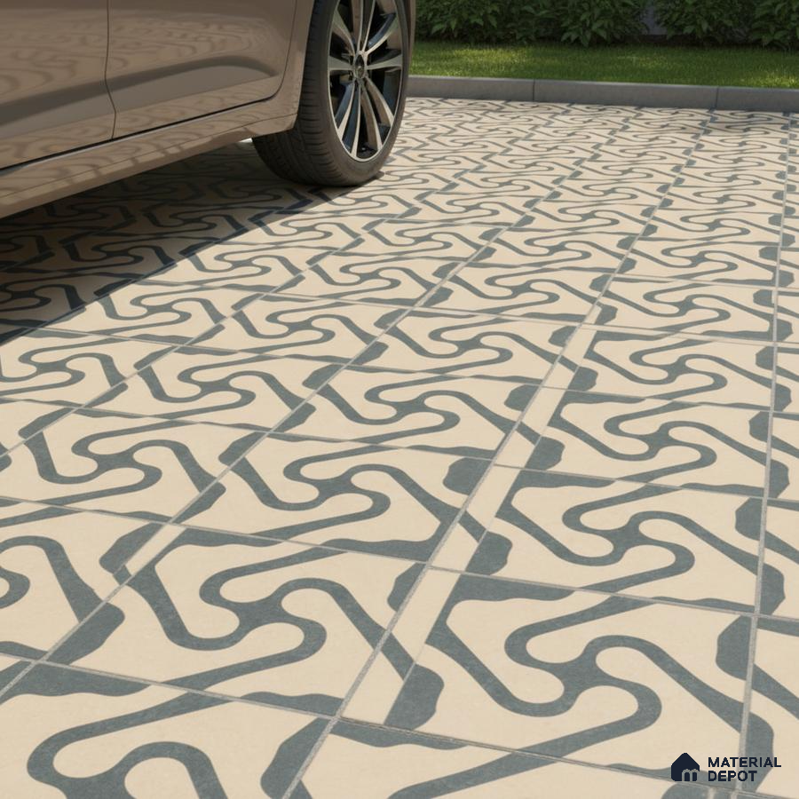 Modern parking with geometric patterned outdoor floor tiles