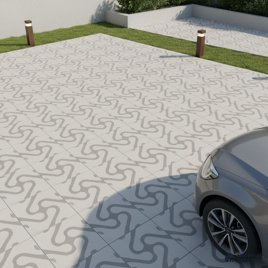 Modern parking area with geometric patterned grey and white floor tiles