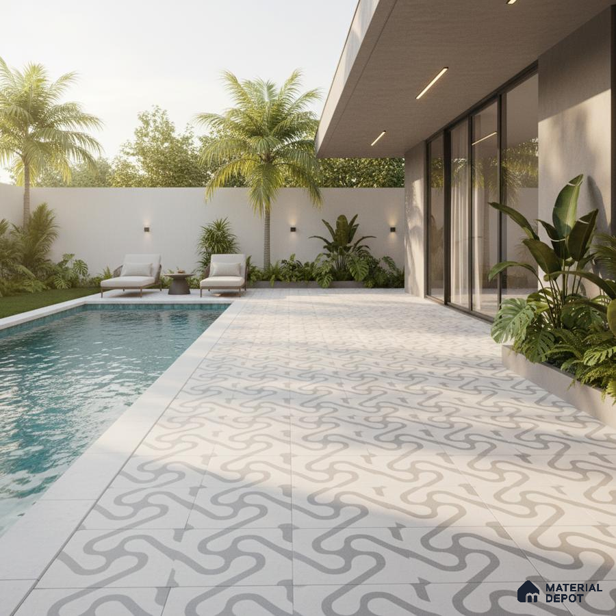 Modern outdoor poolside with geometric patterned floor tiles and minimalist landscaping