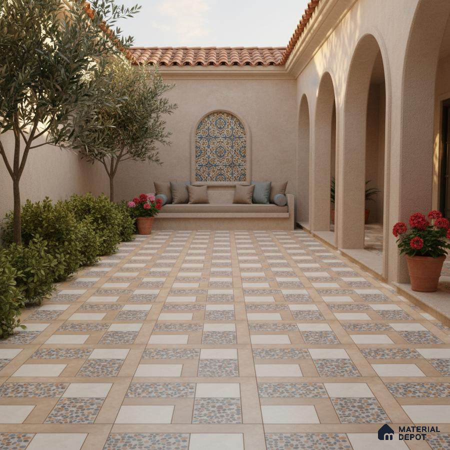 Mediterranean outdoor courtyard with patterned mosaic wall tile and beige geometric floor tiles