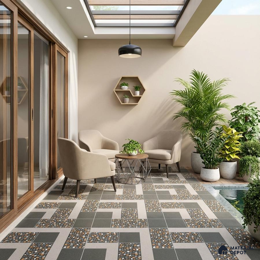 Modern outdoor seating with geometric pebble mosaic floor tiles and beige wall paint