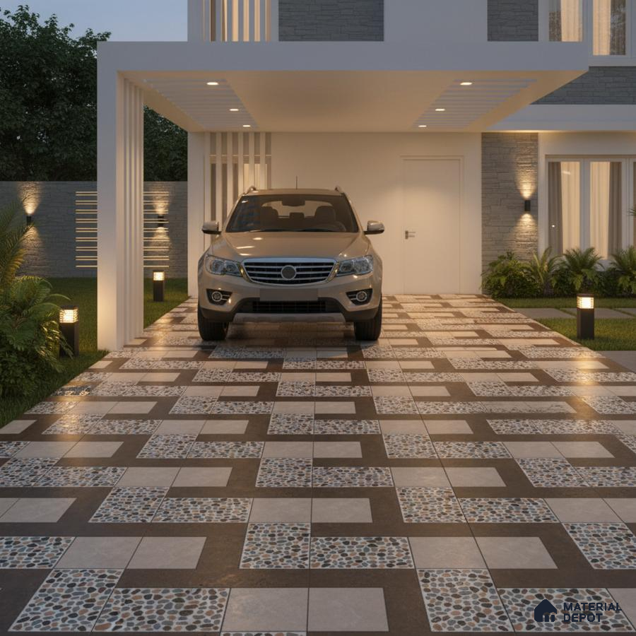 Modern parking with geometric stone and pebble finish outdoor floor tiles