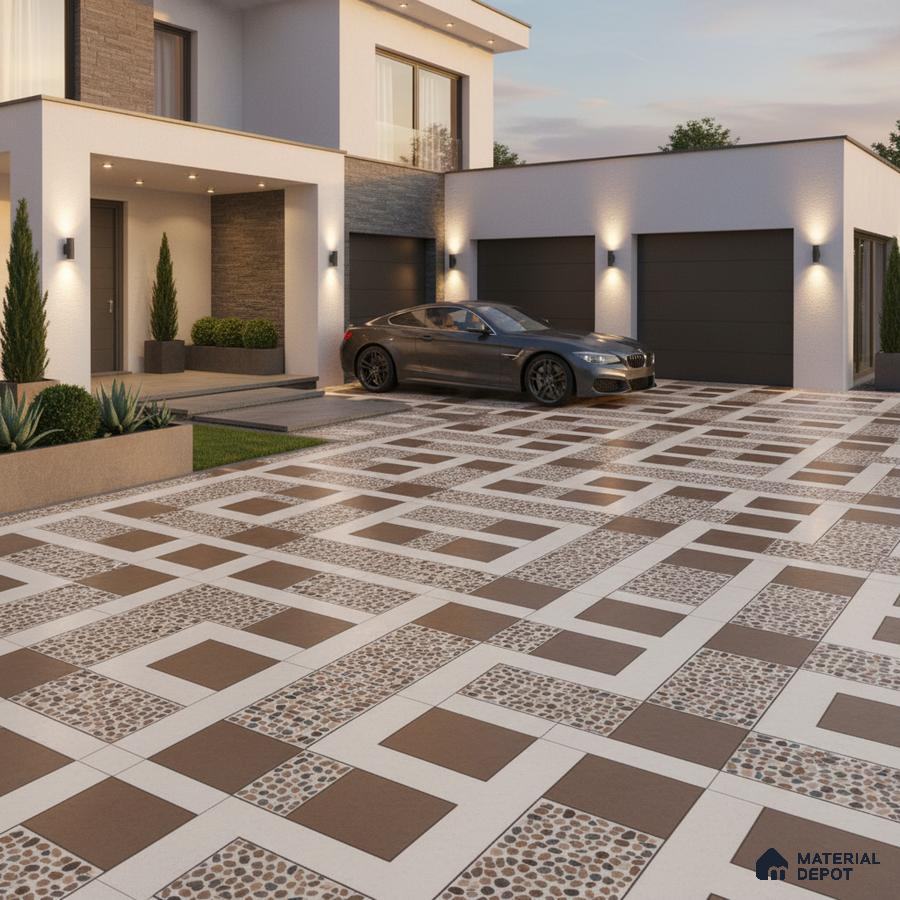 Modern parking with geometric brown and white tiles and pebble textured inserts