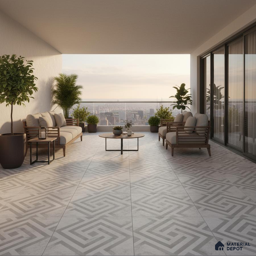 Modern balcony with geometric patterned floor tiles and wooden outdoor seating