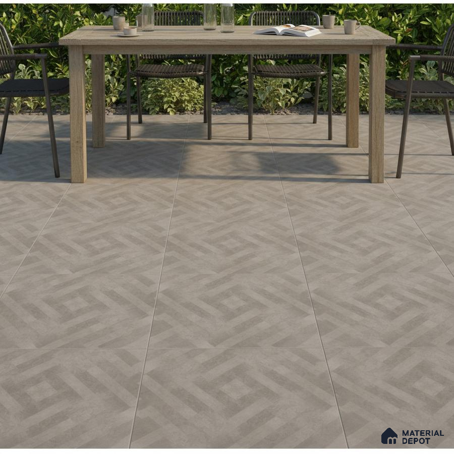 Modern outdoor dining with geometric patterned grey floor tiles and wooden table