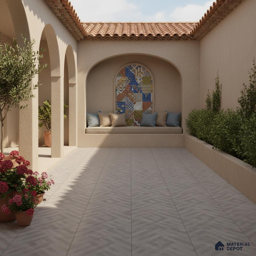 Mediterranean outdoor courtyard with patterned mosaic accent wall and beige geometric floor tiles