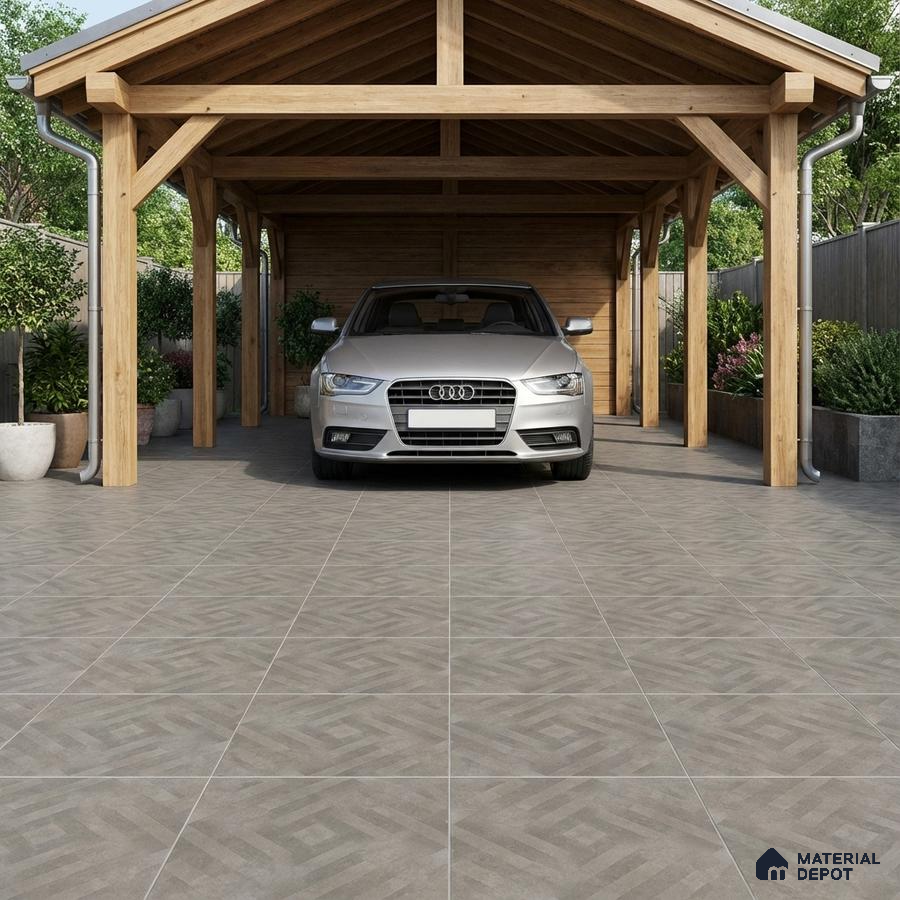 Modern parking with geometric grey floor tiles and natural wood structure