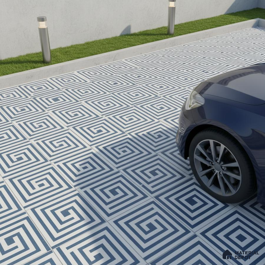 Modern parking with blue and white geometric patterned floor tiles