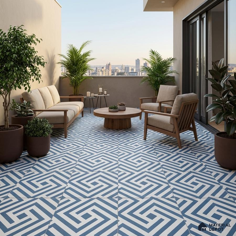 Modern balcony with blue and white geometric patterned floor tiles and wooden outdoor furniture