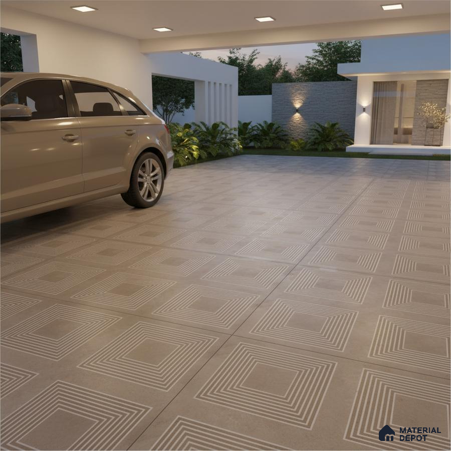 Modern parking with geometric patterned anti-skid grey floor tiles