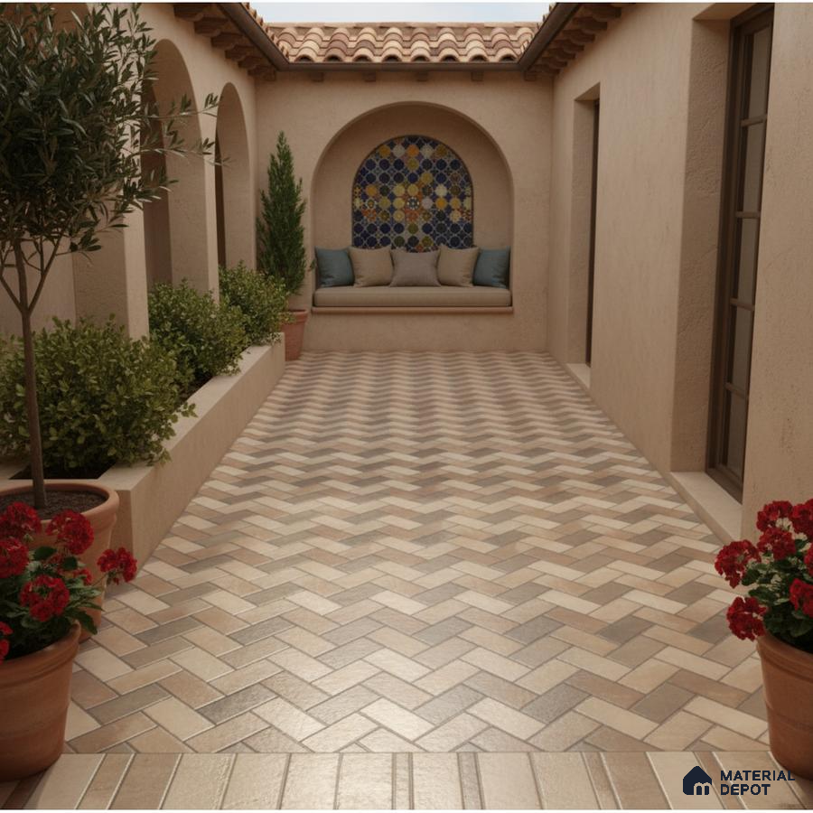 Mediterranean outdoor courtyard with herringbone terracotta floor tiles and mosaic accent wall