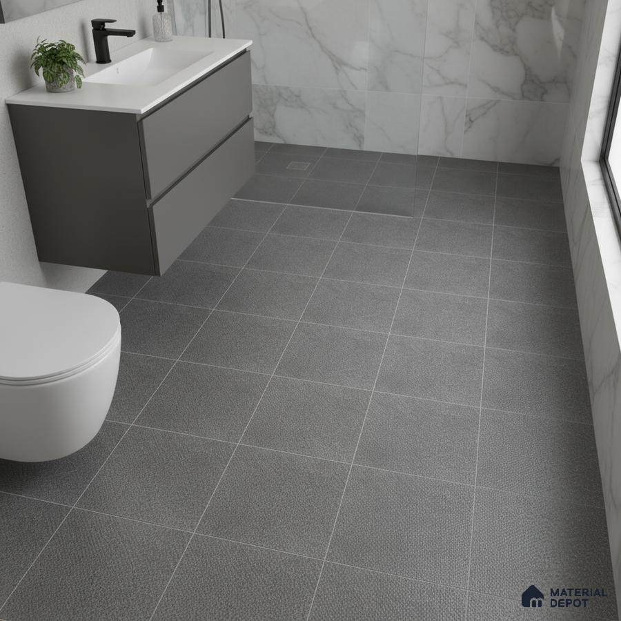 Modern bathroom with grey antiskid floor tiles and white marble wall tiles