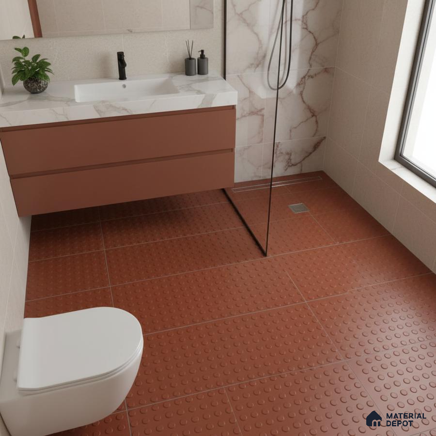 Modern bathroom with terracotta anti-skid floor tiles, marble look wall tiles, and matte brown vanity