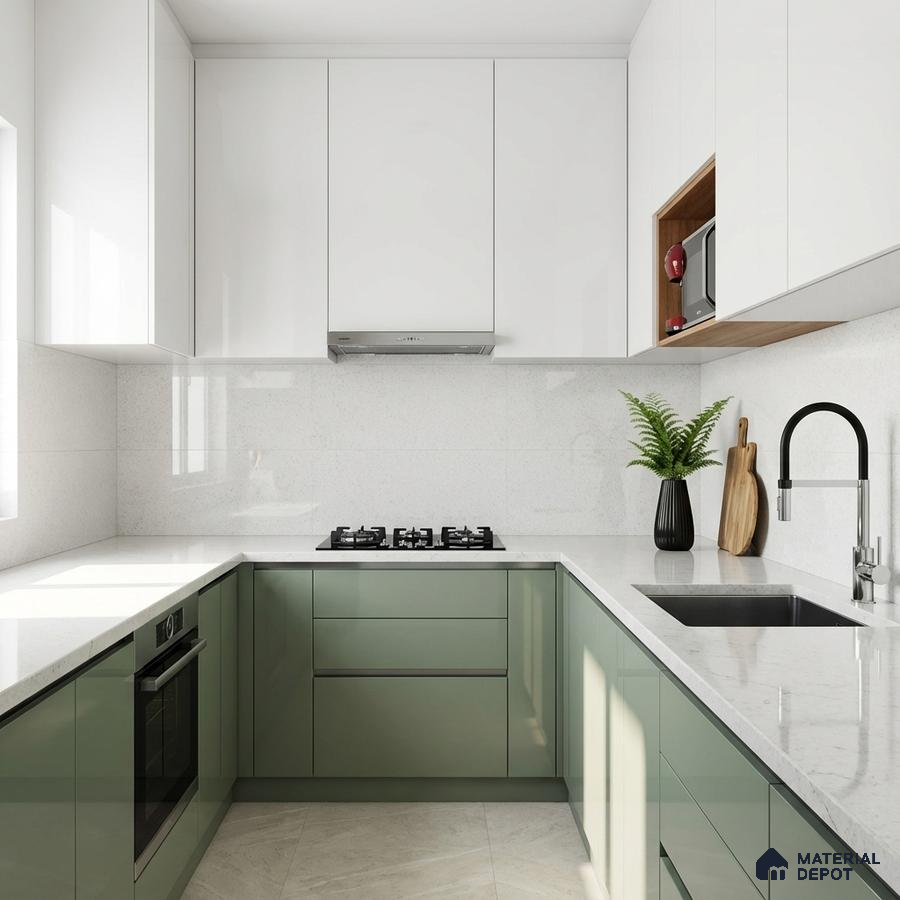 Modern dual tone kitchen with sage green and frosty white laminate, white quartz countertop, and light beige floor tile
