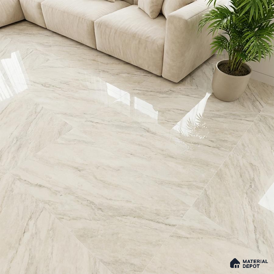 Modern living room with beige marble-look glossy floor tiles and neutral fabric sofa