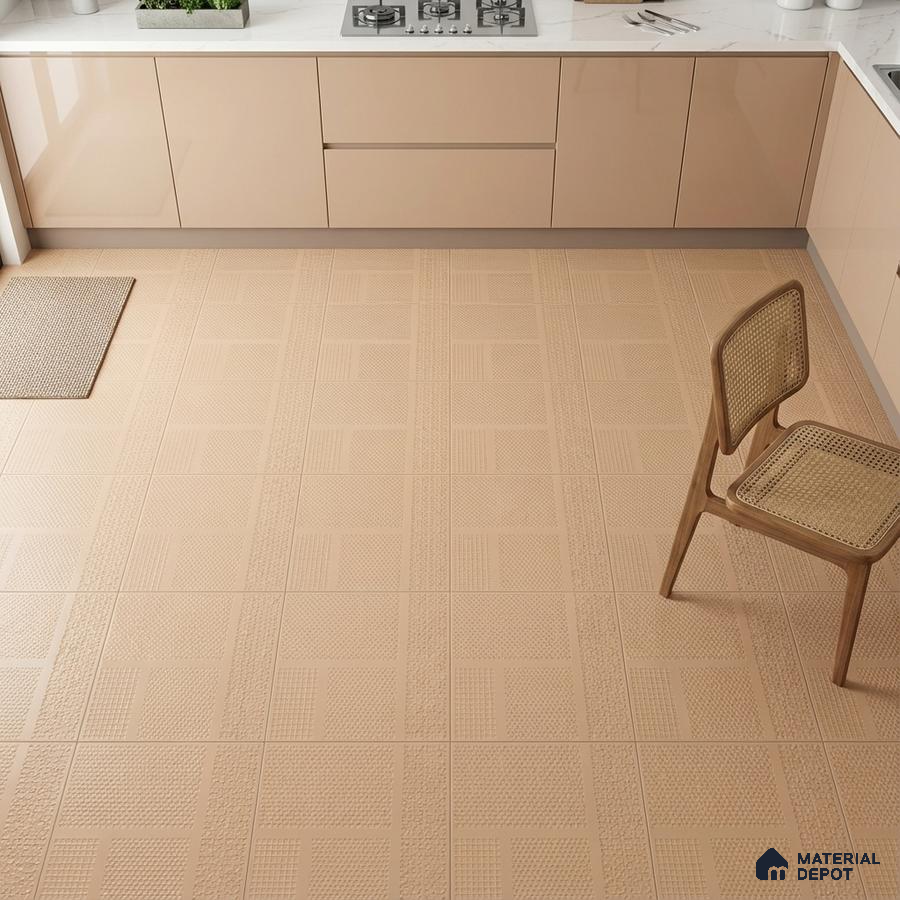 Modern kitchen with beige high gloss laminate cabinets and textured beige patterned floor tiles