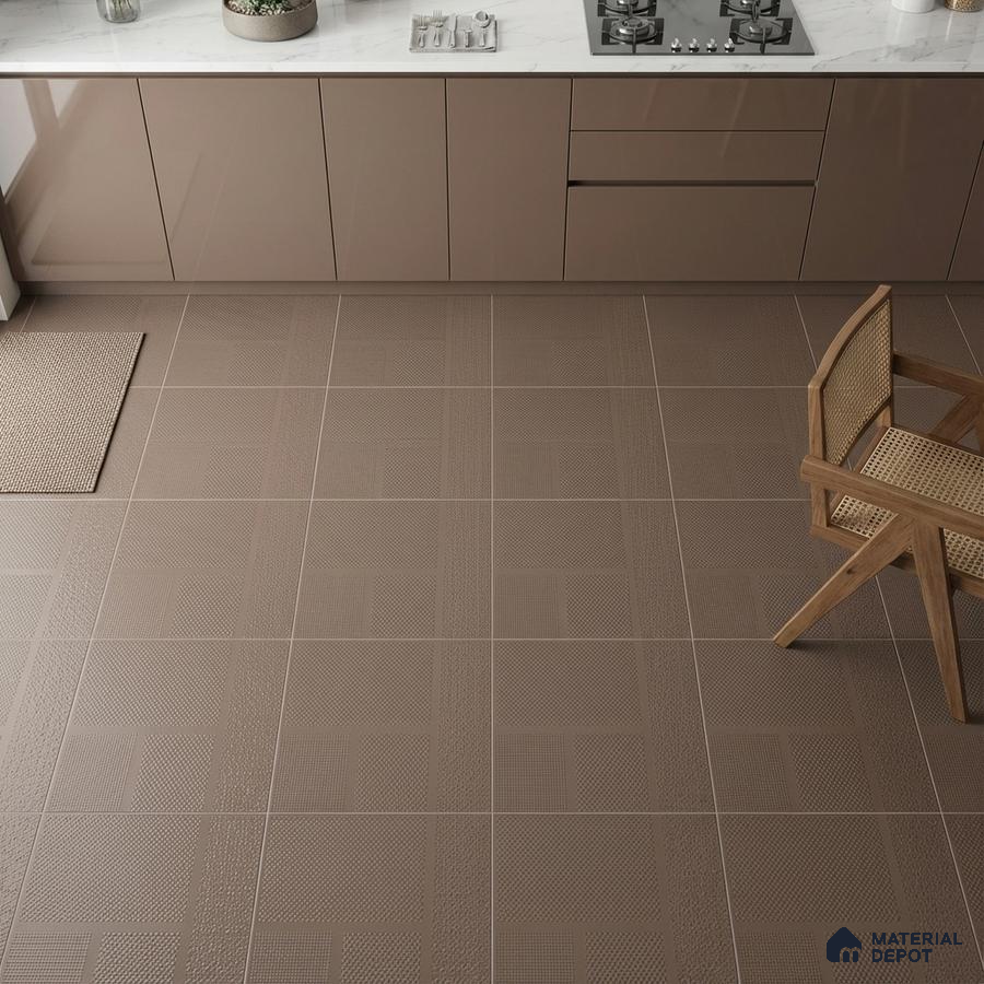 Modern kitchen with taupe high gloss laminate cabinets and textured taupe floor tiles