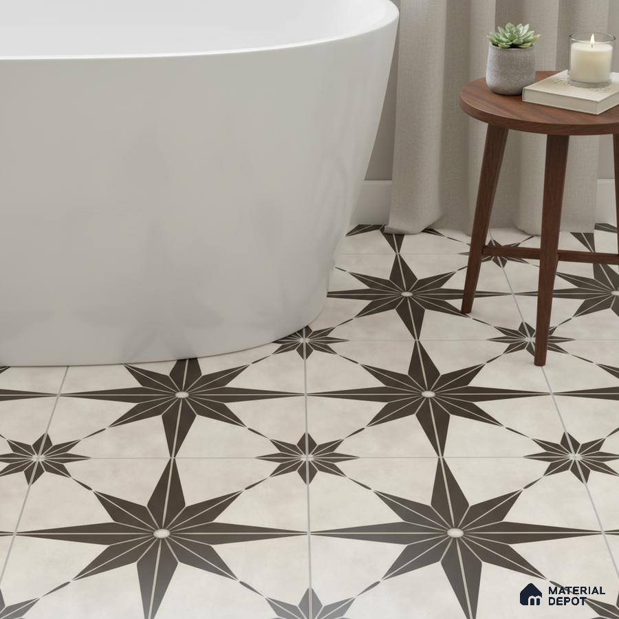 Modern bathroom with black star geometric patterned floor tiles