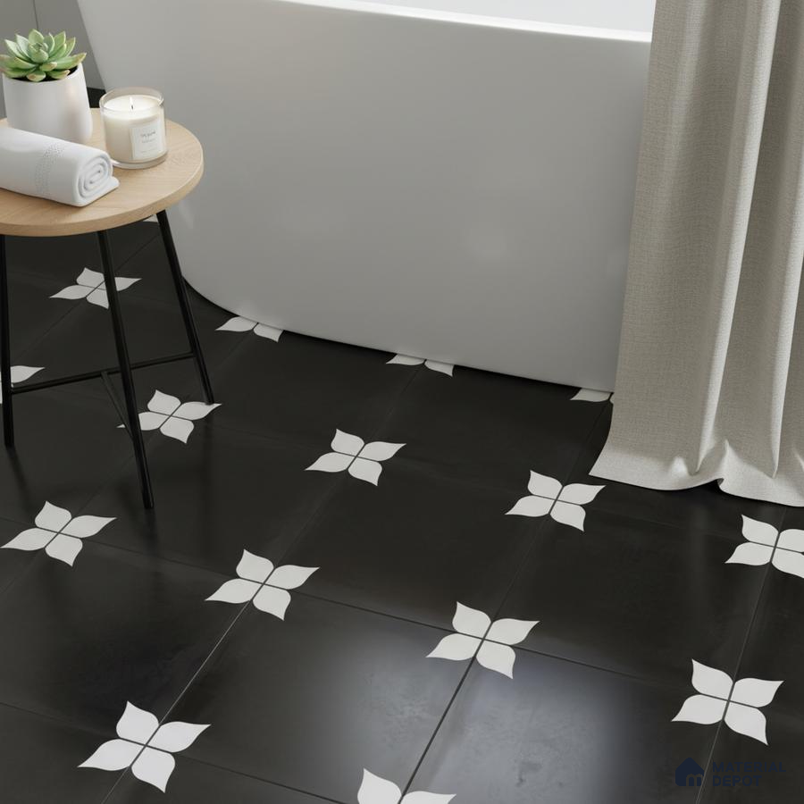 Modern bathroom with black-and-white floral patterned floor tiles