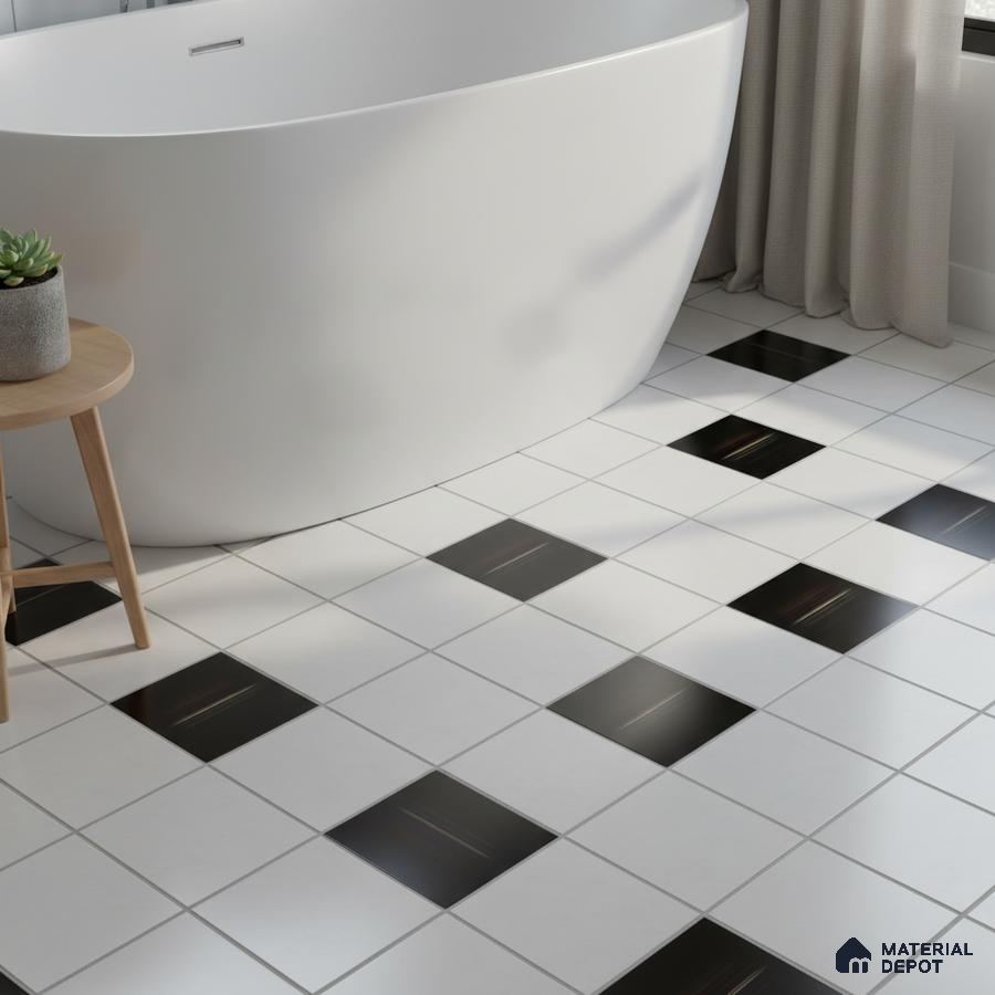 Modern bathroom with black-and-white checkerboard floor tiles and freestanding tub