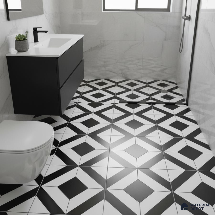 Modern bathroom with black-and-white geometric floor tiles and matte black floating vanity