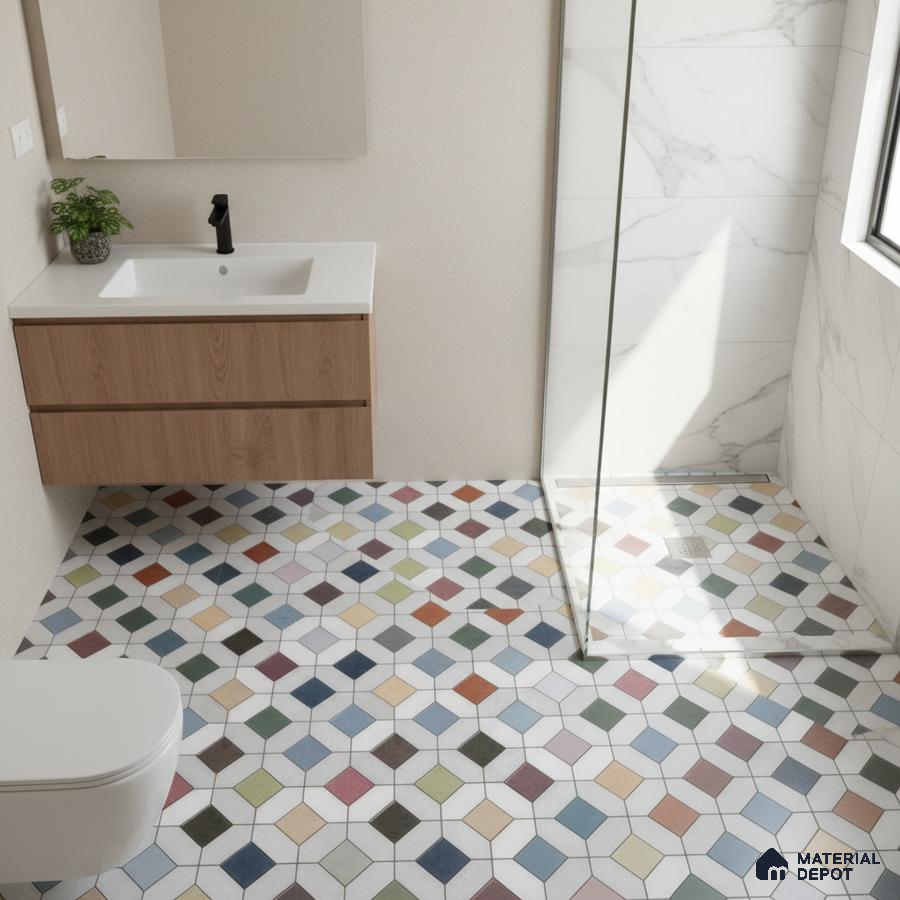 Modern bathroom with multicolor geometric floor tiles, wood laminate vanity, and marble-look shower wall tiles