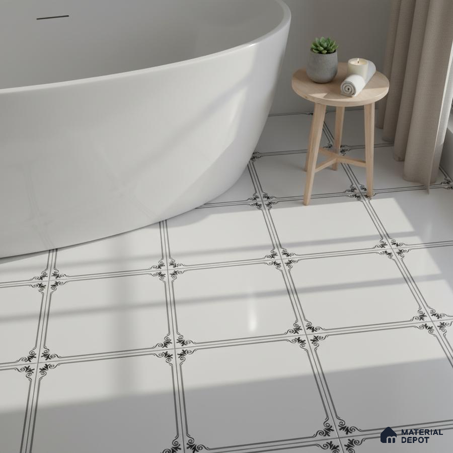 Minimalist bathroom with white patterned floor tiles and freestanding tub