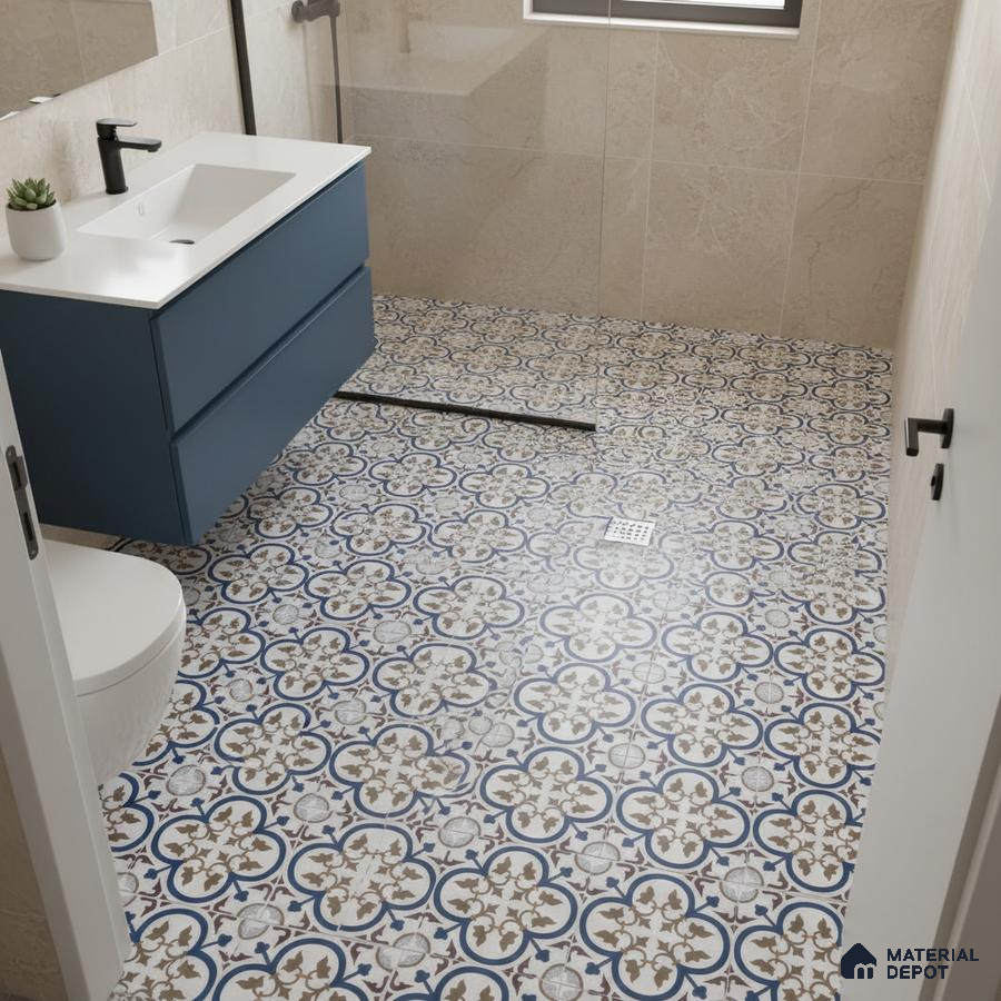 Modern bathroom with blue vanity, white quartz countertop, and blue patterned moroccan floor tiles