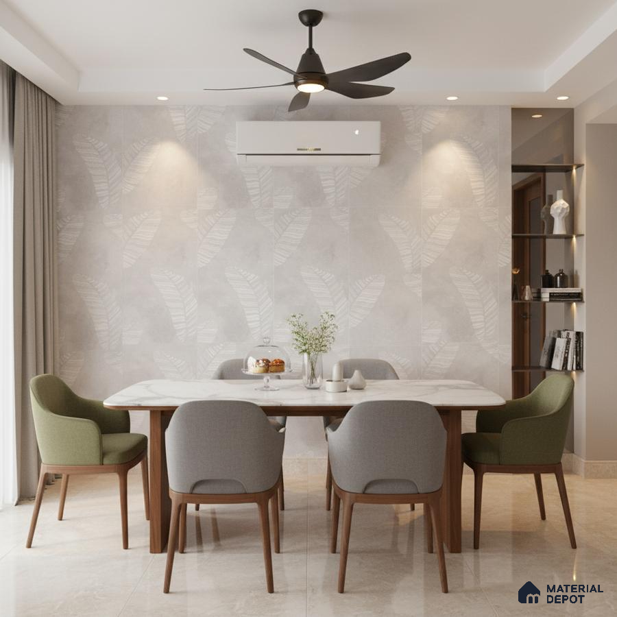 Modern dining room with marble top table, beige patterned wallpaper, and cream marble floor tiles