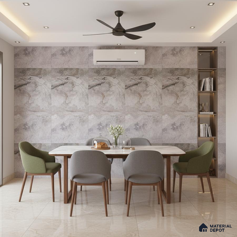 Modern dining room with marble-look wall tiles and glossy beige floor tiles