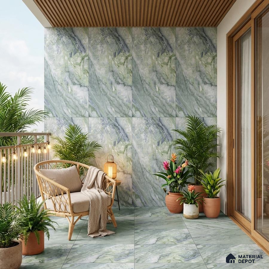 Modern balcony with green marble-look wall and floor tiles and wooden ceiling panels