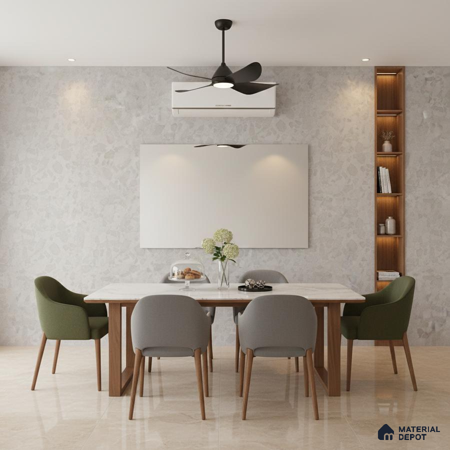 Modern dining room with terrazzo wall, marble tabletop, and beige floor tiles