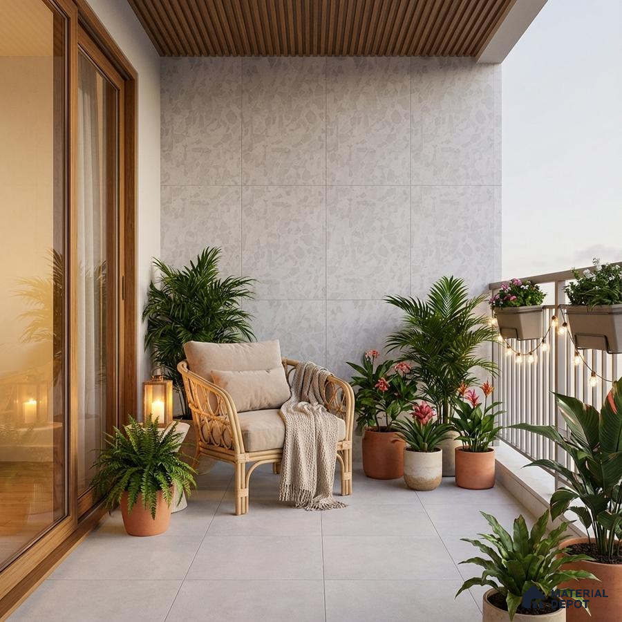 Scandinavian balcony with terrazzo wall tiles, light grey floor tiles, and wooden ceiling louvers
