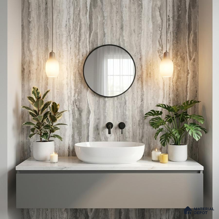 Modern bathroom with grey marble wall tile and white marble countertop