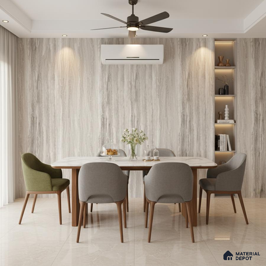 Modern dining room with marble-look wall panels and beige marble floor tiles